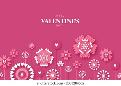 Happy Valentine's Day. Abstract Pink Floral Greeting card. International Happy Women's Day. 8 March holiday paper cut style, paper craft Flowers bouquet. Happy Mother's Day. Space for text. Vector