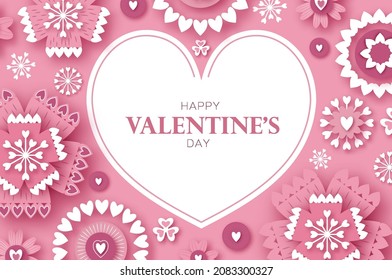 Happy Valentine's Day. Abstract Pink Floral Greeting card. International Happy Women's Day. 8 March holiday paper cut style. Heart paper craft frame Flowers. Happy Mother's Day. Space for text.