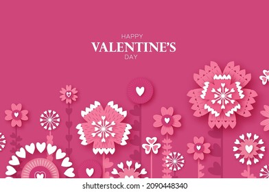 Happy Valentine's Day. Abstract Pink Floral Greeting card. International Happy Women's Day. 8 March holiday paper cut style, paper craft Flowers bouquet. Happy Mother's Day. Space for text. Vector