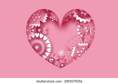 Happy Valentine's Day. Abstract Pink Floral Greeting card. International Happy Women's Day. 8 March holiday paper cut style. Heart paper craft frame Flowers. Happy Mother's Day. Space for text.
