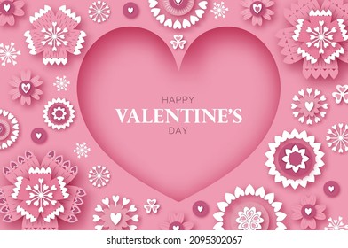 Happy Valentine's Day. Abstract Pink Floral Greeting card. International Happy Women's Day. 8 March holiday paper cut style. Heart paper craft frame Flowers. Happy Mother's Day. Space for text.