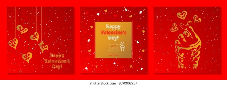 Happy Valentine's Day abstract square art templates. Suitable for social media posts, mobile apps, banner designs, cards, invitations, sale banner. Vector gold fashion background.