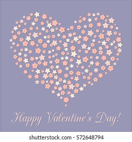 Happy Valentine's Day. Abstract vector illustration of decorative vintage heart shape made of pastel sakura flowers. Isolated on lavender background. For poster, banner, card, wedding design. Eps 8.