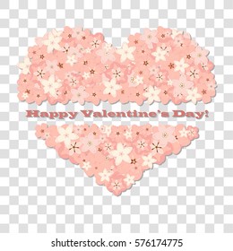 Happy Valentine's Day. Abstract vector illustration of decorative vintage heart shape made of pastel sakura flowers. Isolated on transparent background. For poster, banner, card, wedding design. Eps 8
