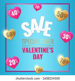 Happy Valentines Day advertising banner with golden and pink hearts. Promotion banner with hearts different size discount. Vector illustration.