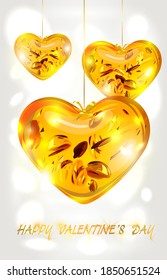 Feliz Día de San Valentín. Corazones amedrentadores y texto dorado. Elegante y brillante fondo festivo con efecto bokeh.