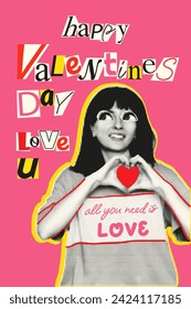 Happy Valentines day art collage banner. Greeting card with halftone woman with big eye making heart gesture and cut out text. Modern retro vector illustration