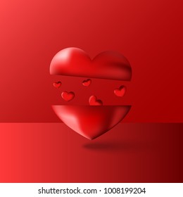 Happy Valentines day artwork background with levitation red many hearts. Romantic lovely design for Mother Day greeting card or banner. Vector art 3d illustration.