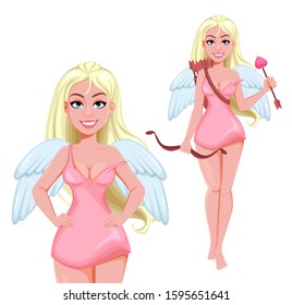 Happy Valentine's day. Attractive girl angel with wings, set of two poses. Angel woman. Cheerful cartoon character. Vector illustration on white background