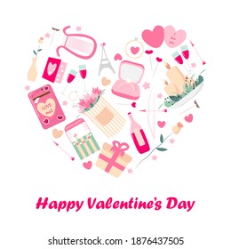 Happy valentine's day attributes grouped into a heart shape. Elements of a romantic holiday: ring, bouquet, arrows, hearts, cards, glasses for designs, banners. Vector illustration