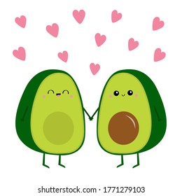 Happy Valentines day. Avocado family. Mother, father holding hands. Pink heart set. Cute cartoon kawaii funny character set. Love greeting card. Healthy food. Flat design. White background. Vector