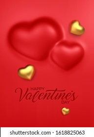 Happy Valentines Day. Awesome convex background with realistic 3d golden hearts. Amazing design vertical red banner with chocolate hearts in gold foil. Vector illustration
