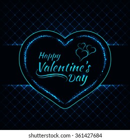 Happy Valentines day azure lights card, heart and text lights design on dark background