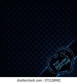 Happy Valentines day azure lights card, heart and text lights design on dark background