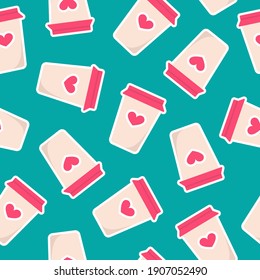 Happy valentine's day backdrop. Glass of coffee, cup of tea with pink hearts seamless pattern on green background. Vector illustration.