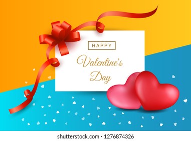 Happy Valentines day background with 2 hearts, red gift bow and ribbon, calligraphy text. Template design for sale banner, greeting card, posters, invitation
