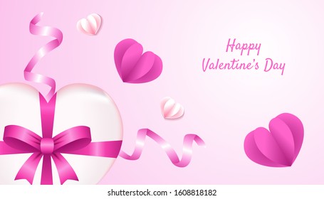 Happy Valentines Day Background with 3d heart shape, paper love, ribbon and gift box in pink and white color, applicable for invitation, greeting, celebration card vector illustration