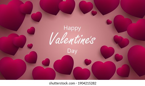Happy Valentine's day background with 3d realistic hearts. Composition for a trendy banner, poster or greeting card