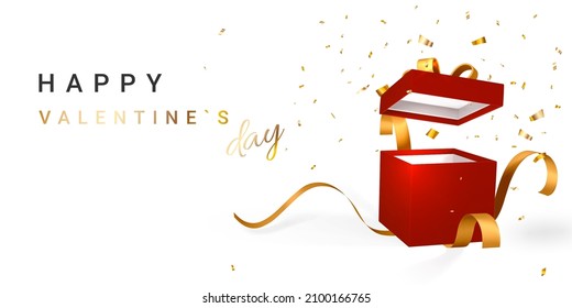 Happy Valentines Day background. 3D realistic gift box with golden ribbon. Red paper box with ribbon and shadow isolated on white background. Vector illustration.