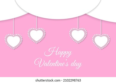 Happy Valentine's day background. 3D banner with beautiful hanging hearts and clouds with lettering on pink backdrop. Cute vector illustration. Papercut greeting card design