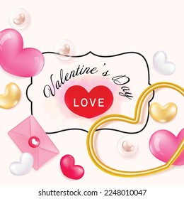 Fröhlicher Valentinstag-Hintergrund, 3D-Herzen und goldener Rahmen auf rosafarbenem Papierhintergrund. Vektorgrafik. Cute love Banner oder Grußkarte.