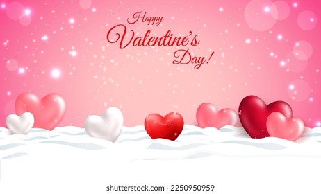 Happy valentine's day background with 3D frozen hearts in snow. Banner for Valentine's Day Sale. Greeting banner or card for website , template,posters,ads, coupons, promotional material. Vector EPS10