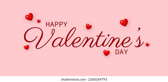 Happy Valentine's Day background. 3d red hearts and lettering on pink background. Vector illustration.