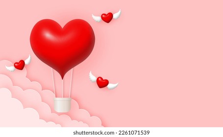 Happy Valentine's Day background. 3d heart air balloon and paper clouds on pink sky background. 3d cartoon vector illustration.