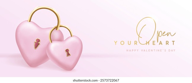 Happy Valentines Day background with 3D pink heart couple like a lock. Vector illustration.