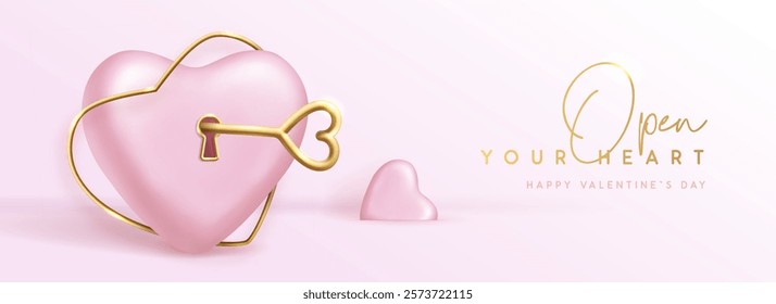 Happy Valentines Day background with 3D pink heart like lock and golden key. Vector illustration.