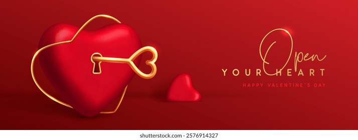 Happy Valentines Day background with 3D red heart like lock and golden key. Vector illustration.