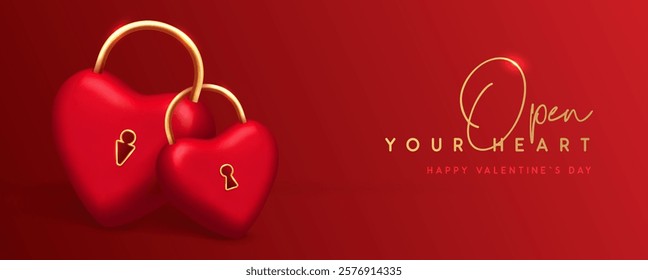 Happy Valentines Day background with 3D red heart couple like a lock. Vector illustration.