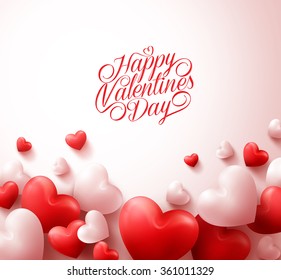 Feliz Día de San Valentín con 3D Corazones rojos realistas y texto de tipografía en fondo blanco. Ilustración vectorial
