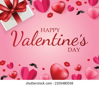 Happy Valentines day background, banner, wallpaper design. Pink background with origami hearts and love elements.