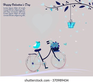   Happy Valentines Day background  with bicycle and love bird, vector illustration