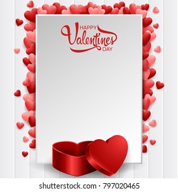 Happy valentines day background with blank paper and red heart gift box
