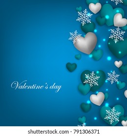 Happy Valentines Day background with blue hearts on blue background