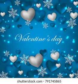 Happy Valentines Day background with blue hearts on blue background