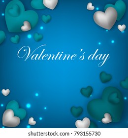 Happy Valentines Day background with blue hearts on blue background