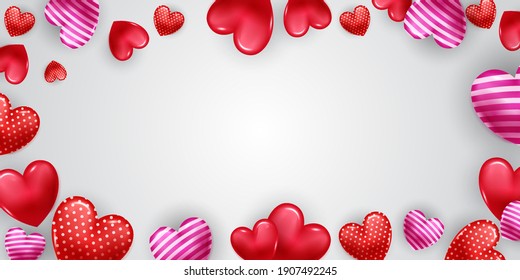 Happy valentine's day background with border frame with falling 3d hearts, red and purple colored hearts on white background with place for text.