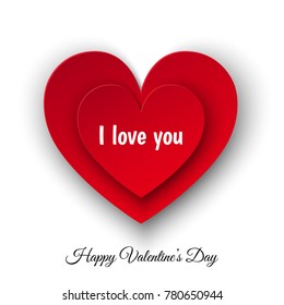 Happy Valentines day  background with bright  red  paper heart. I love you. Weeding design elements in flat style. Vector  illustration for  greeting postcard, save the date card templates.