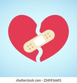 Happy Valentine's Day Background with broken heart is glued together with a plaster on blue background ,for February 14, Vector illustration EPS 10