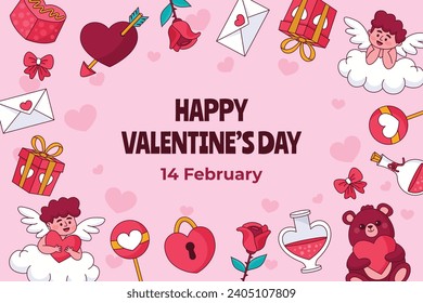 Happy valentines day background. Valentine's Day celebration. February 14.  Cartoon Vector illustration Template for Poster, Banner, Post, Flyer, Greeting, Card, Cover. Valentine's day design.