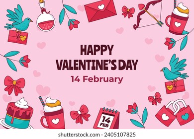 Happy valentines day background. Valentine's Day celebration. February 14.  Cartoon Vector illustration Template for Poster, Banner, Post, Flyer, Greeting, Card, Cover. Valentine's day design.