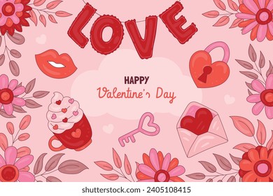 Happy valentines day background. Valentine's Day celebration. February 14. Cartoon Vector illustration Template for Poster, Banner, Post, Flyer, Greeting, Card, Cover. Valentine's day design.