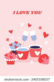 Happy valentines day background. Valentine's Day celebration. February 14. Cartoon Vector illustration Template for Poster, Banner, Post, Flyer, Greeting, Card, Cover. Valentine's day design.