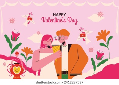 Happy valentines day background. Valentine's Day celebration. February 14. Cartoon Vector illustration design for Poster, Banner, Post, Flyer, promotion, Greeting, Card, Cover. Valentines day Template