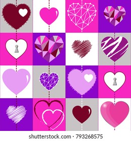 Happy Valentines Day background and checkered seamless texture with the Hearts.