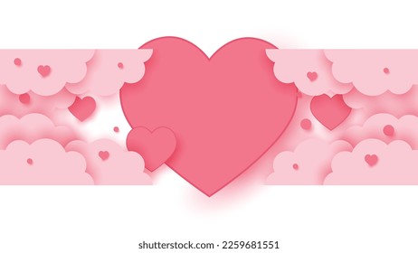 Happy Valentine's day background with clouds and pink hearts. Vector illustration. Place for text