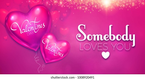 Happy Valentine's Day Background with Colorful and Glossy Pink Foil Heart Balloons. Vector illustration